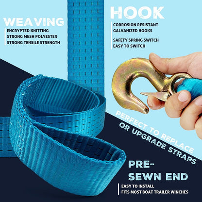 X5MPLXPMX Heavy-Duty Marine-Grade Boat Trailer Winch Strap Kit (2" x 20', 12,000 lbs Break Strength) for PWC, Pontoons & Fishing Boats – Includes Forged Hook & Work Gloves, Blue