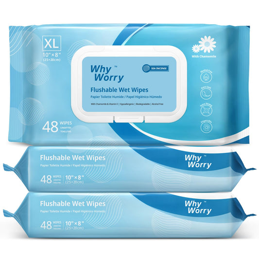 Flushable Wipes for Adults, Extra Large 8"x10" Butt Wipes for Toilet & Personal Cleansing, Chamomile and Vitamin E, 100% Plant-Based, Septic & Sewer Safe, Sea Incense, 144 Count (3 Packs)