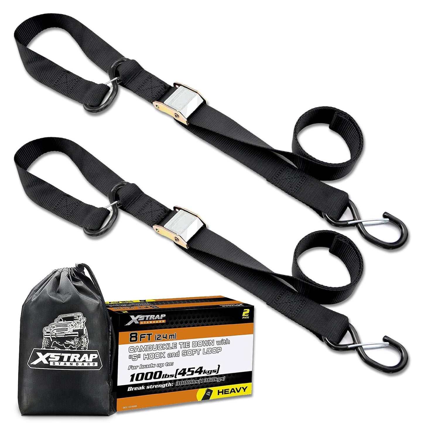 XSTRAP STANDARD Motorcycle Tie Down Straps (2 Pack) 3,000lb Break Strength, 1.5 in X 8FT Heavy-Duty Cambuckle Tie Down Set with S Hook and Soft Loops, Black
