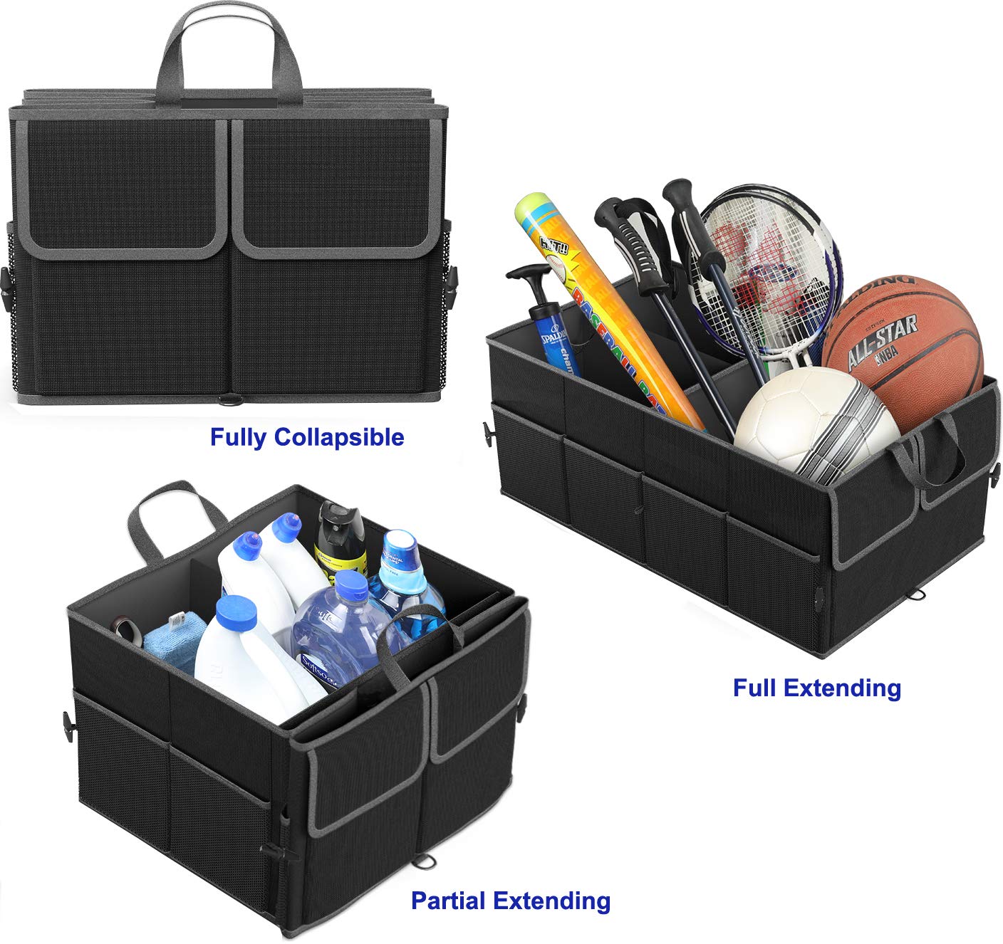 EPAuto Car Trunk Organizer 56L Foldable 3 Compartment with Securing Straps, Buckles and 10 Pockets, Black