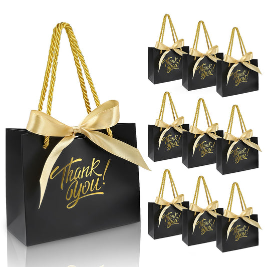 EQOREIIN 30 Pack Small Thank You Gift Bags with Handles 5.5 x 2.4 x 4.7 Inches Mini Black Gift Bags with Bow Ribbon Tiny Party Favor Bag Bulk for Easter Mother's Day Baby Shower Wedding (Black)