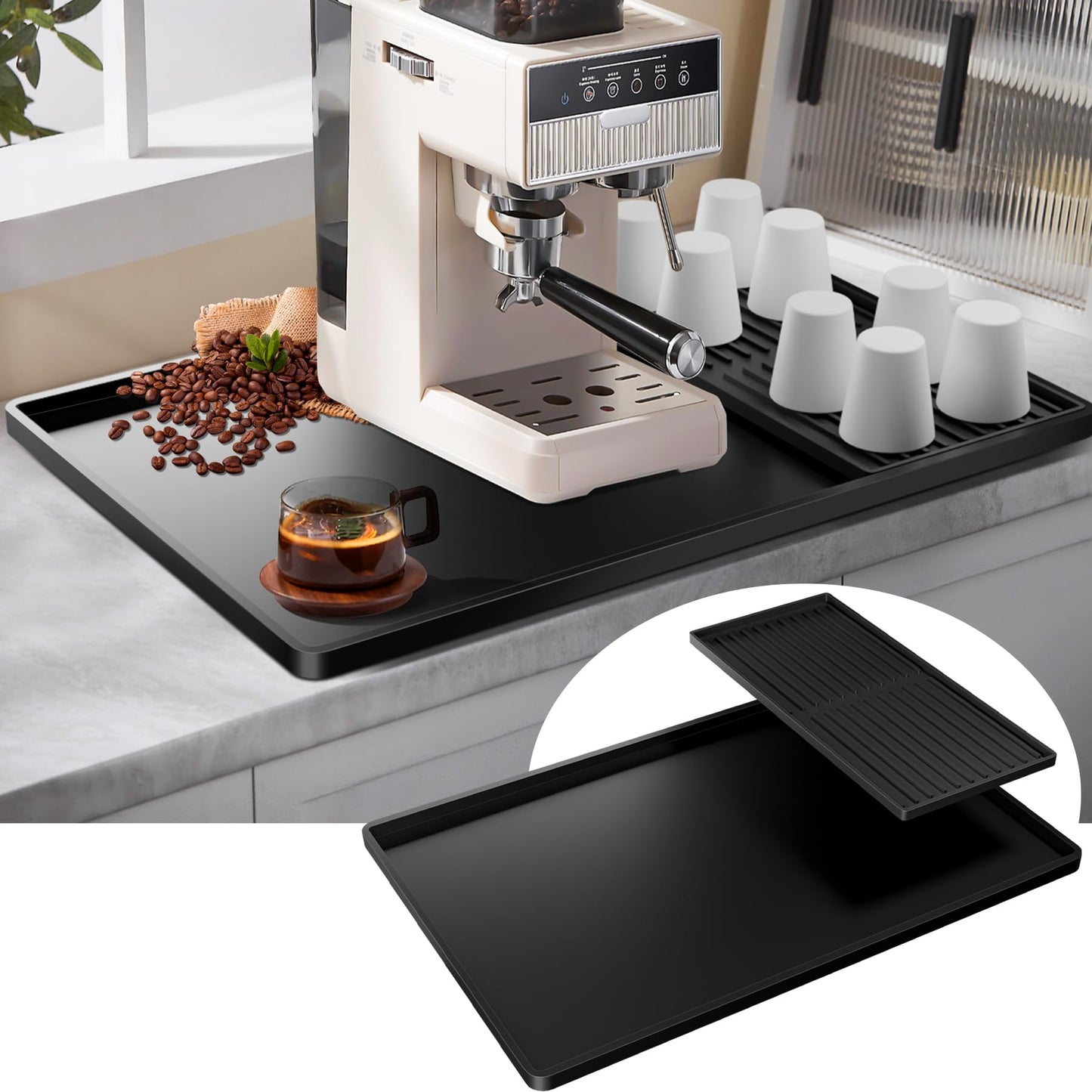 Tottist Silicone Coffee Mat, 24-in x 16-in Coffee Bar Mat with Removable Dishwasher Drying Mat for Countertops, Coffee Bar Accessories Fit Under Coffee Maker Espresso Machine, Dish Drying Mat (Black)