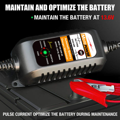 MOTOPOWER MP00205A 12V 800mA Automatic Battery Charger, Battery Maintainer, Trickle Charger, and Battery Desulfator
