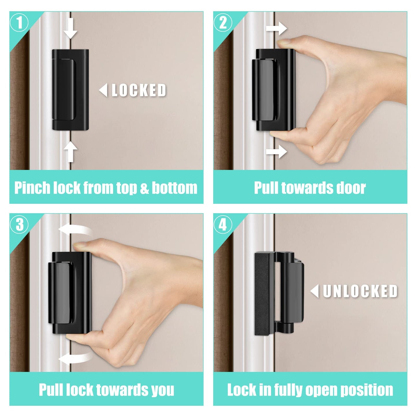 3 Pack Door Locks, Home Security Door Latch, Child Proof Door Lock Device with 3" Screws for Inward Swinging Door, Aluminum Construction(Black)