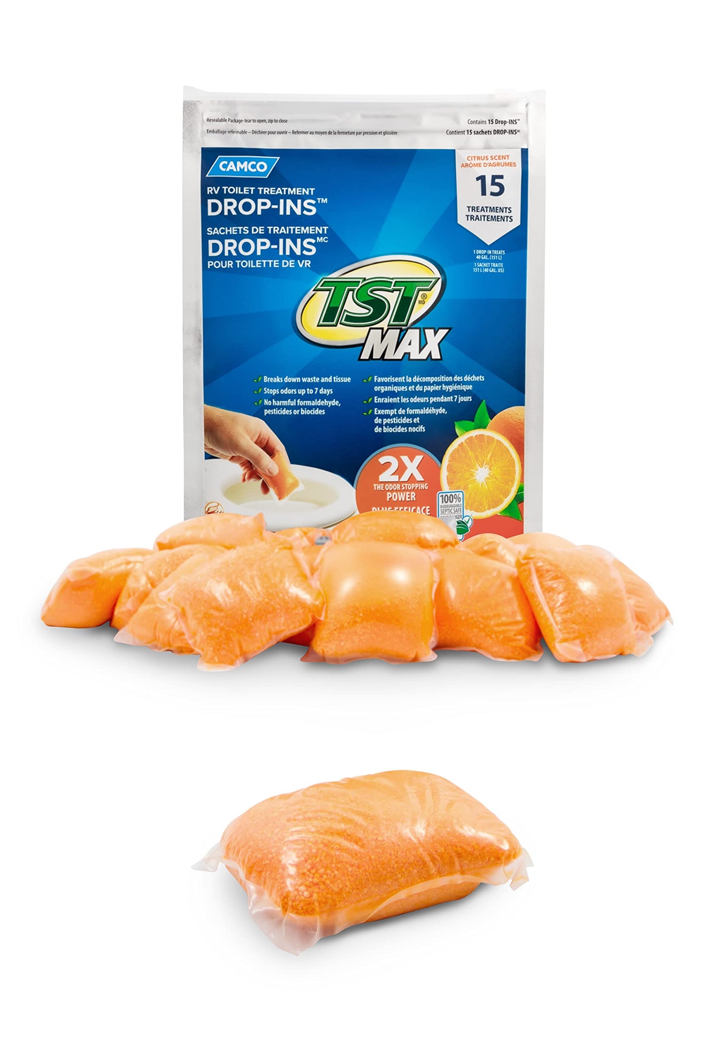 Camco TST MAX Camper/RV Toilet Treatment Drop-INs - Control Unwanted Odors and Break Down Waste and Tissue - Safe Septic Tank Treatment - Orange Scent, 15-Pack (41180)