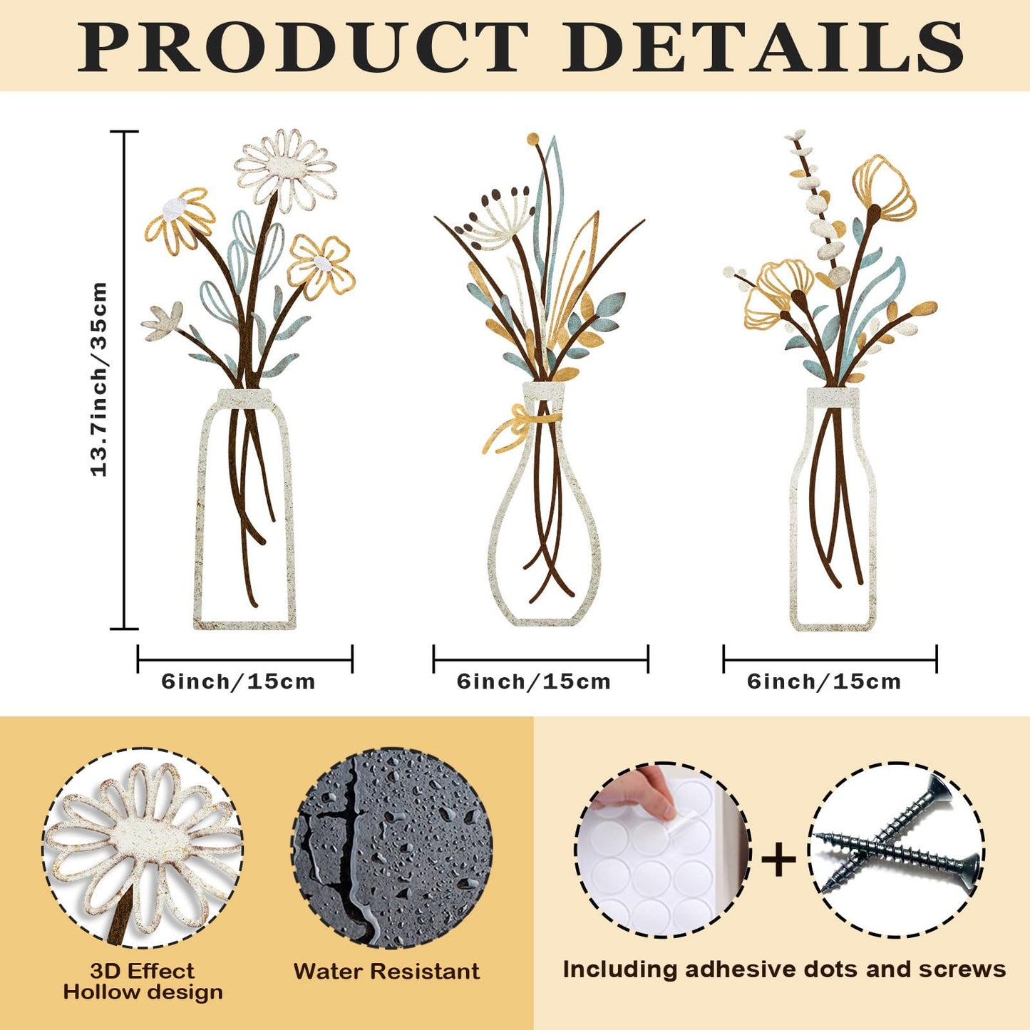 Pigort 3 Pieces Metal Flowers Wall Arts - Rustic Farmhouse Decor Beige Minimalist Flower Wall Decors for Living room Bathroom Bedroom Dining Room-Housewarming Gifts (Beige, Vase-C)