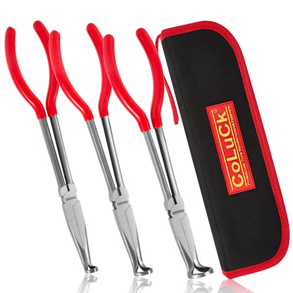 CoLuck 3Pcs 11" Hose Gripper Plier Set, 5/16-Inch, 1/2-Inch, 3/4-Inch Dia, Offset Spark Plug Boot Removal Pliers Serrated Jaws for Hard to Reach Narrow Spaces