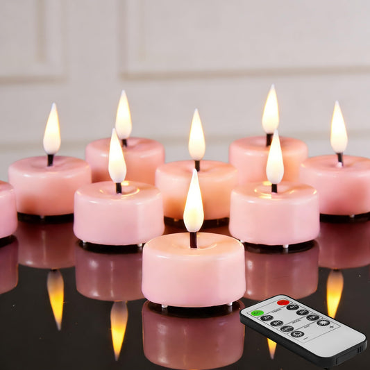 Eywamage Pink Flameless Tealights with Remote Batteries, Real Wax Flickering LED Tea Light Candles for Votive Proposal Wedding Home Decor Set of 10