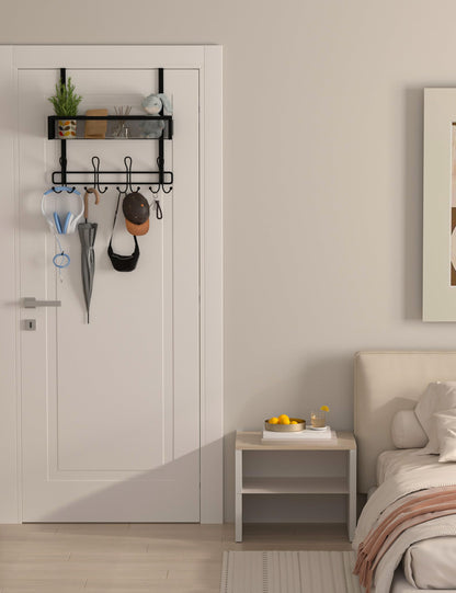 Over The Door Hooks Organizer Storage - Over The Door Hanger for Coat Rack, Over Door Storage with 12 Hooks & 2 Mesh Baskets, for Bathroom,Bedroom,Kitchen,Office (Single Basket)