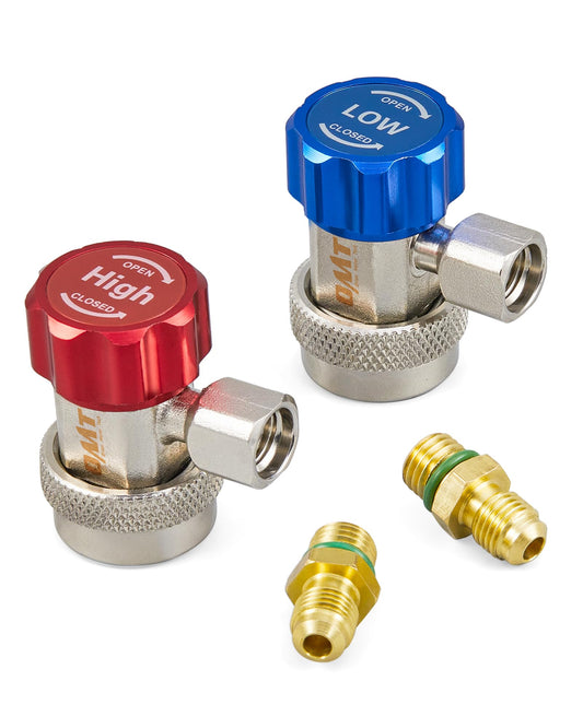 Orion Motor Tech R134a Quick Coupler Adapter 2 Pack, QC R134a Adapters and AC Hose Fittings, HP and LP Connectors for R134a Car AC System Evacuation Recharging and More, 1/4" Flares, Set of 2