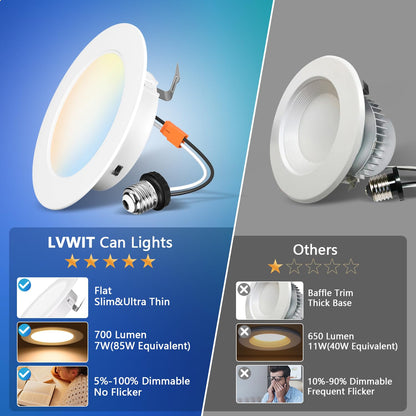 LVWIT 4 Inch 5CCT LED Downlight, 7W 700 Lumens Dimmable, IC Rated LED Recessed Lighting, 2 Pack (2700K/ 3000K/ 4000K/ 5000K/ 6000K- 5CCT)