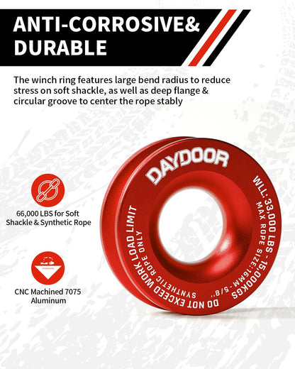 DAYDOOR Winch Snatch Recovery Ring, 66,000 lbs Breaking Strength (33,000 lbs WLL), Compatible with Soft Shackle and Synthetic Rope for SUV UTV ATV Truck Off-Road Recovery(Red)