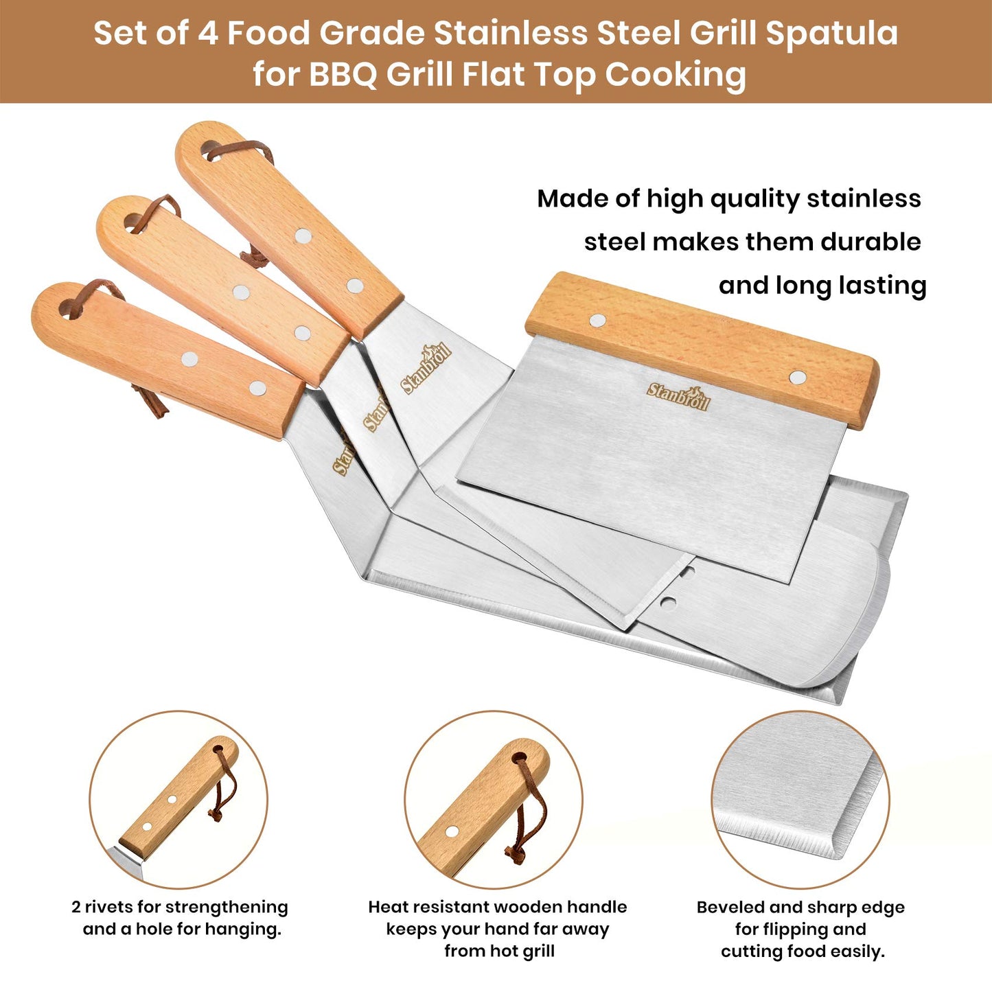 Stanbroil Griddle Accessories Spatula Tools, Set of 4 Stainless Steel Griddle Tools with Wooden Handle, Perfect for Outdoor BBQ Flat Top Cooking Camping Grilling