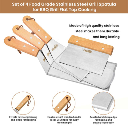 Stanbroil Griddle Accessories Spatula Tools, Set of 4 Stainless Steel Griddle Tools with Wooden Handle, Perfect for Outdoor BBQ Flat Top Cooking Camping Grilling
