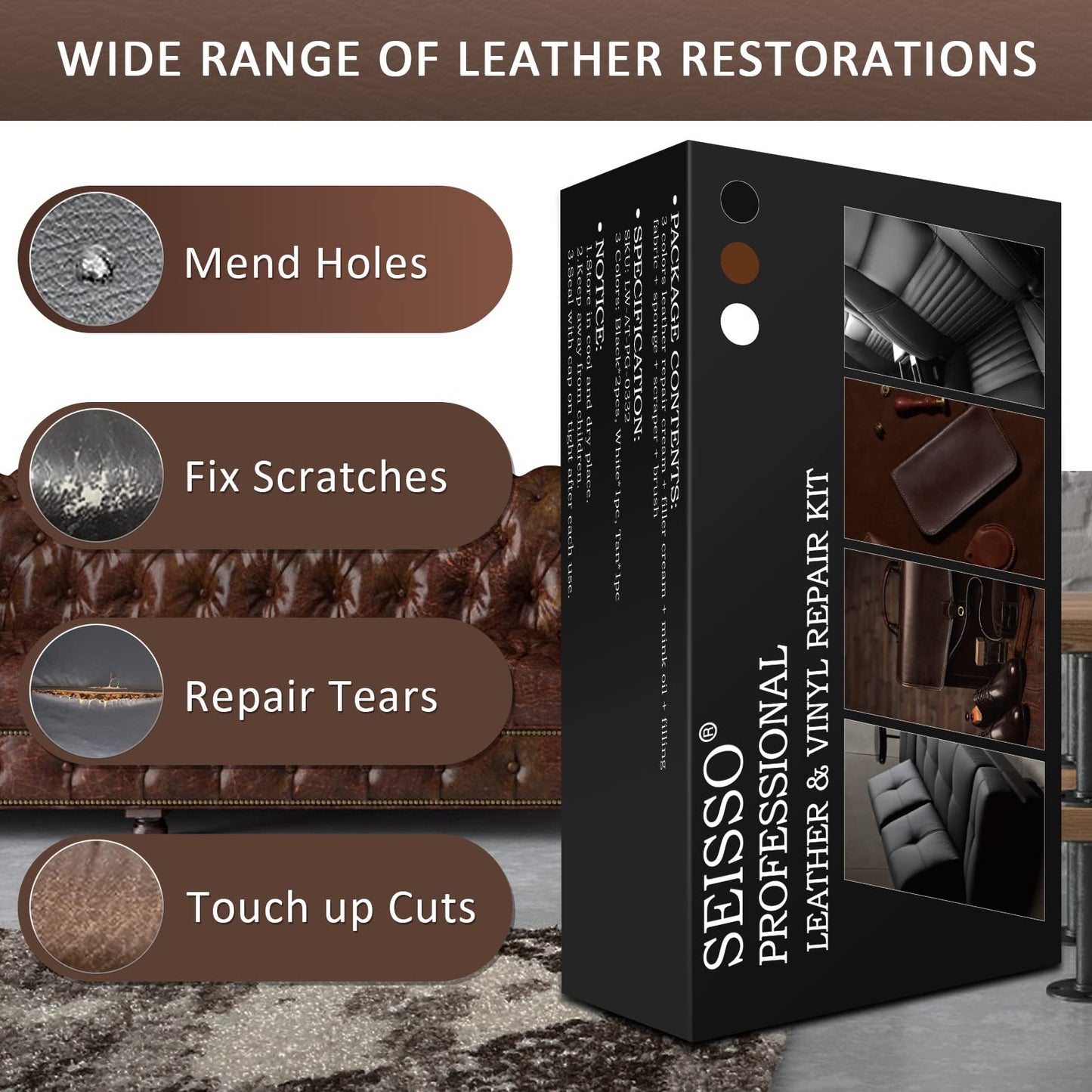 SEISSO Black Leather Repair Kit for Furniture, Leather Dye for Car Seat, Sofa, Boot Care, Shoes, Leather Filler, Leather Scratch Repair Kit with Mink Oil-Set of 11