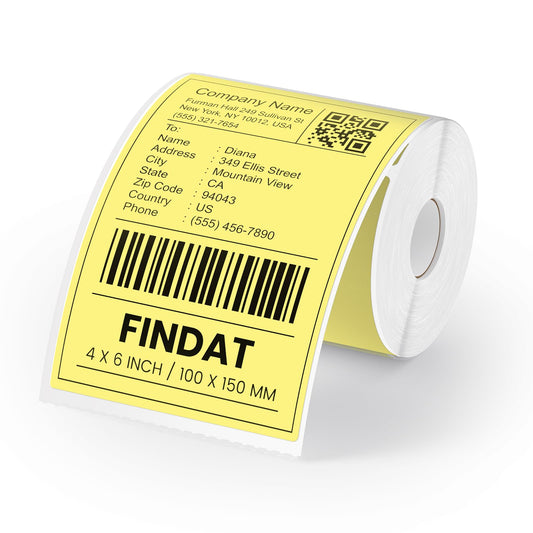 FINDAT 250 PCS Yellow Shipping Thermal Labels 6 x 4 Inch Rectangle Vinyl Stickers Direct Waterproof Multi-Purpose Self-Adhesive Address Label for Warehouse Barcode Business
