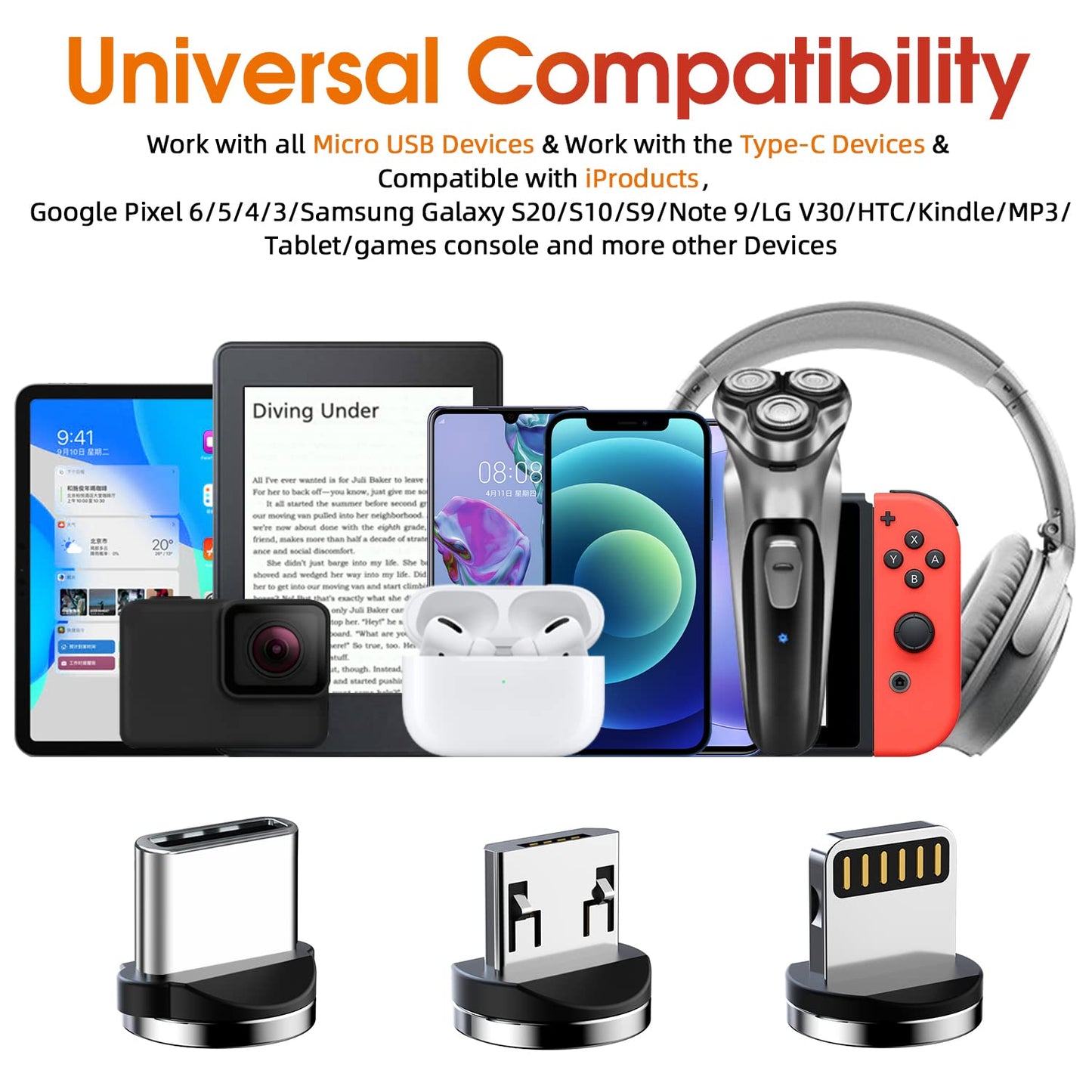 Magnetic Charging Cable 7-Pack [1.6FT/3FT/3FT/3FT/6FT/6FT/10FT] 540 Rotating Phone Charger 3 in 1 USB Cable Nylon Braided for Micro USB/Type C/iProduct Device - Red
