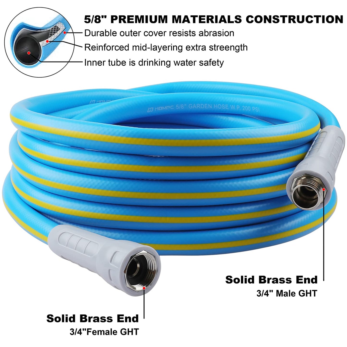 HQMPC Hose Garden Hose 5/8 in. x 30 ft., Water Hose Heavy Duty Durable Material Water Hose with Solid Fittings (Blue) …