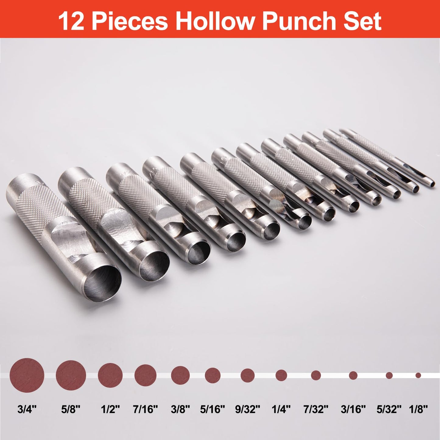 Spurtar 12 PCS Steel Hollow Leather Punch Set 1/8''-3/4'' Heavy Duty Round Hole Punch Set Leather Hole Tool for Watch Cloth Belt Gaskets w/Storage Bag