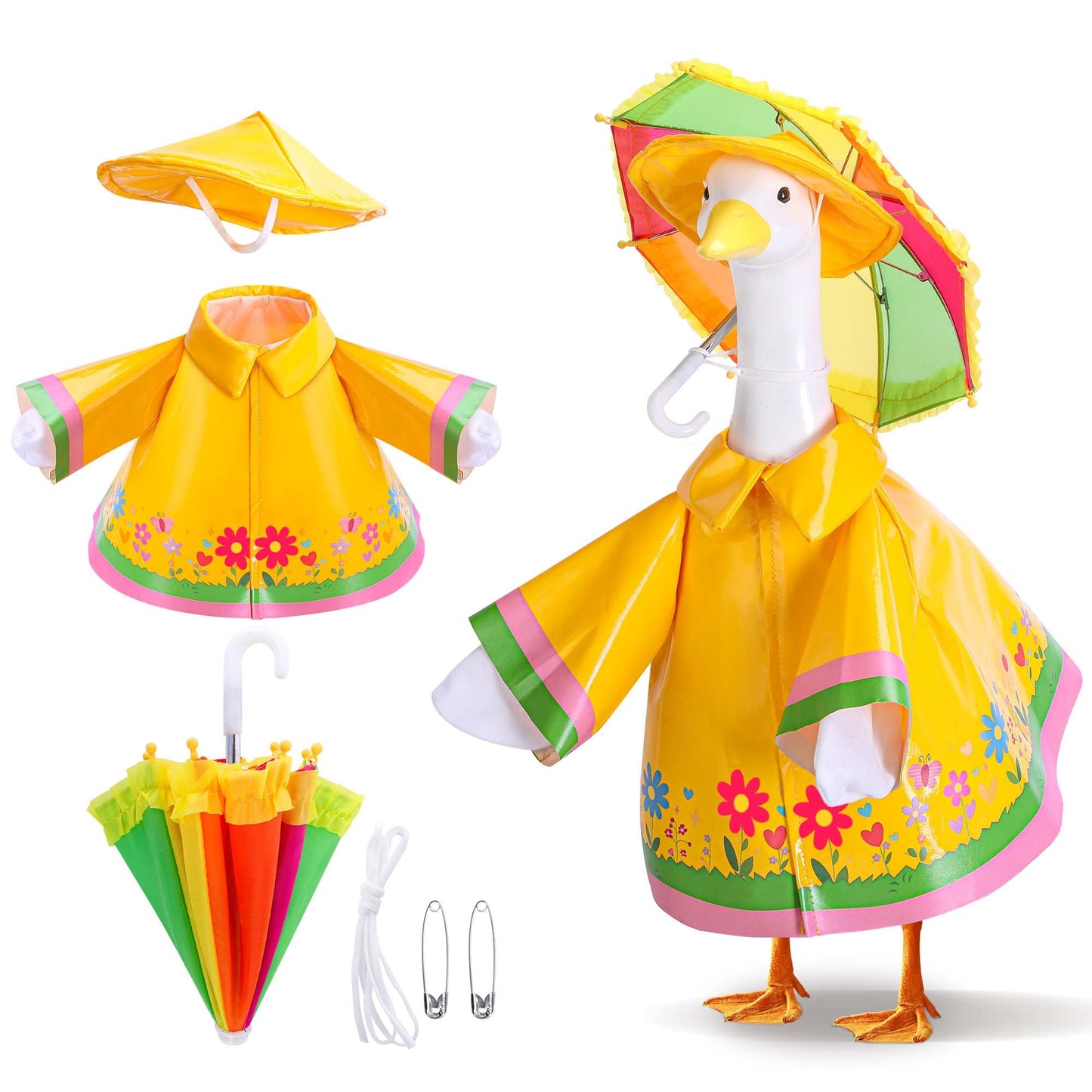 3 Pcs/Set Raincoat Porch Goose Outfits, Lawn Goose Statue Raincoat Costume, Yard Goose Clothes Raincoats Umbrella Hat Outfit for 23" Statue Patio Garden Decoration