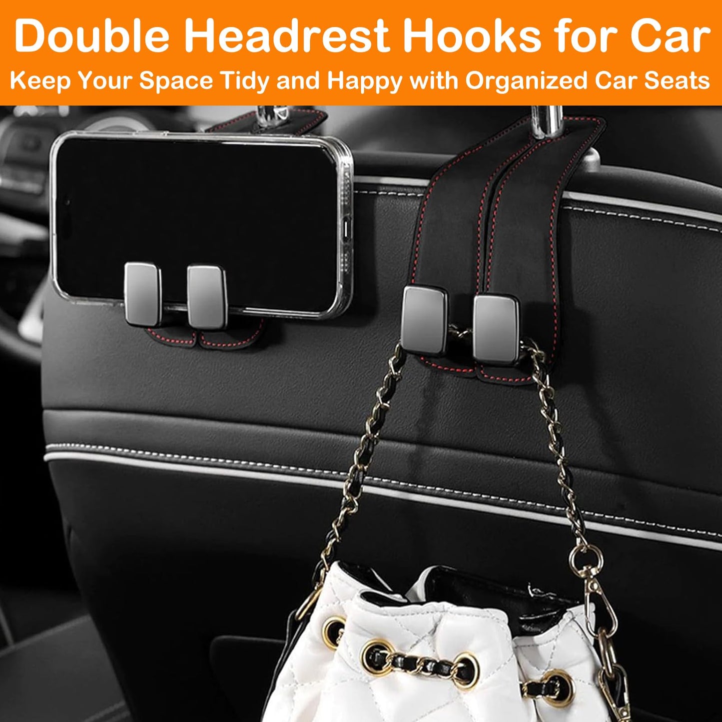 4Pcs Car Seat Back Double Hook,Car Hooks for Headrest, Double Headrest Hooks Purse Holder & Mobile Phone Holder,Multifunctional Hook for Car Seat Back, Car Headrest Hooks for Purses and Bags(Black)