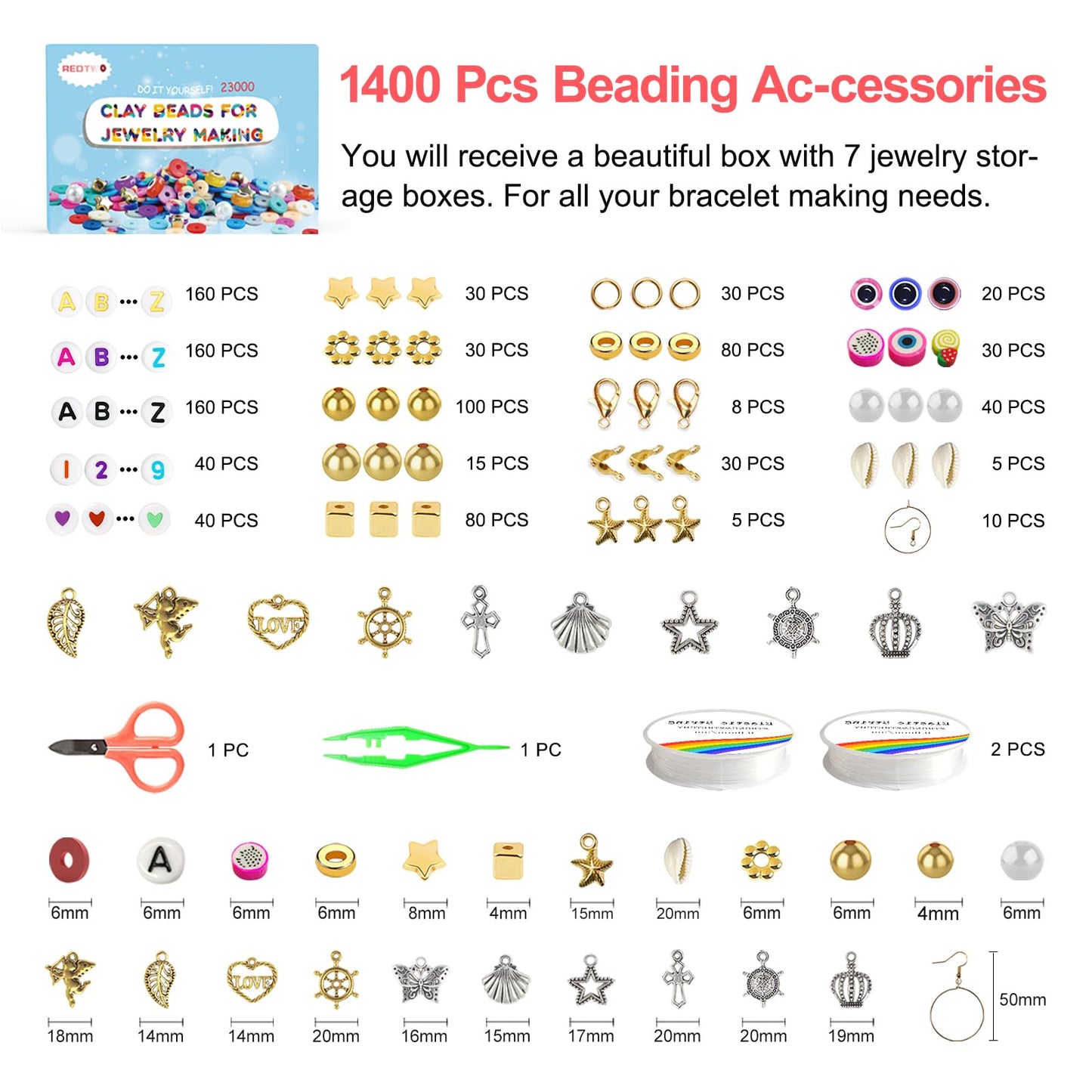Redtwo 23000 Pcs Clay Beads Bracelet Making Kit, 144 Colors 7 Boxes Friendship Bracelet Kit Flat Polymer Heishi Beads for Jewelry Making, Gifts for Teen Girls Crafts for Girls Ages 6-12