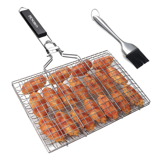 Fish Grilling Basket, Penobon Folding Portable Stainless Steel BBQ Grill Basket for Fish Vegetables Shrimp with Removable Handle, with Basting Brush and Storage Bag