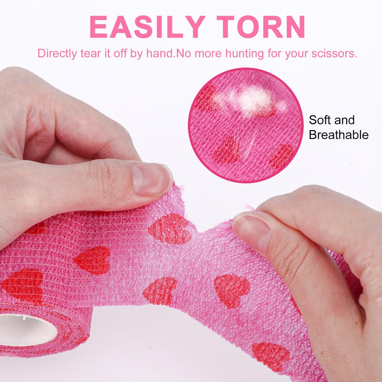 24 Pack Self Adhesive Bandage Wrap, 2” x 5 Yards Cohesive Medical Tape Elastic Grip Tape Black Sports Tape Athletic for Ankle, Wrist Sprains, Pet First Aid (Pink Heart, 2 inch)