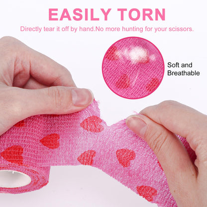 24 Pack Self Adhesive Bandage Wrap, 2” x 5 Yards Cohesive Medical Tape Elastic Grip Tape Black Sports Tape Athletic for Ankle, Wrist Sprains, Pet First Aid (Pink Heart, 2 inch)