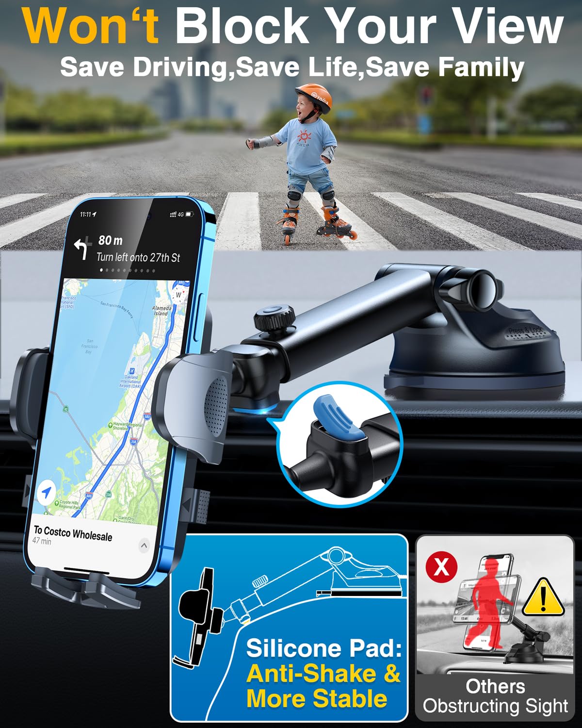 [True Military-Grade & 360° Rotatable Suction] 2026 YRU Ultimate Car Phone Holder Mount 【90+LBS Safest Strongest & Patent Certs】 Dashboard Windshield Vent for iPhone 17 16 Pro Max Samsung,Dark Black