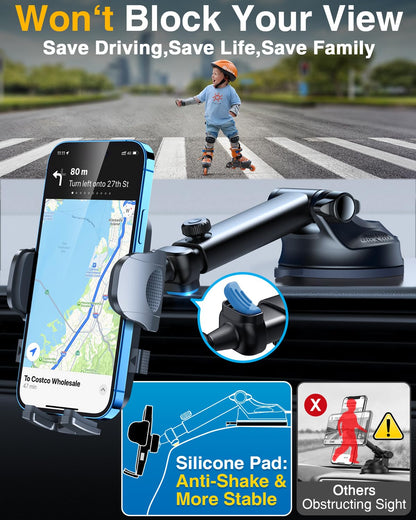 [True Military-Grade & 360° Rotatable Suction] 2026 YRU Ultimate Car Phone Holder Mount 【90+LBS Safest Strongest & Patent Certs】 Dashboard Windshield Vent for iPhone 17 16 Pro Max Samsung,Dark Black