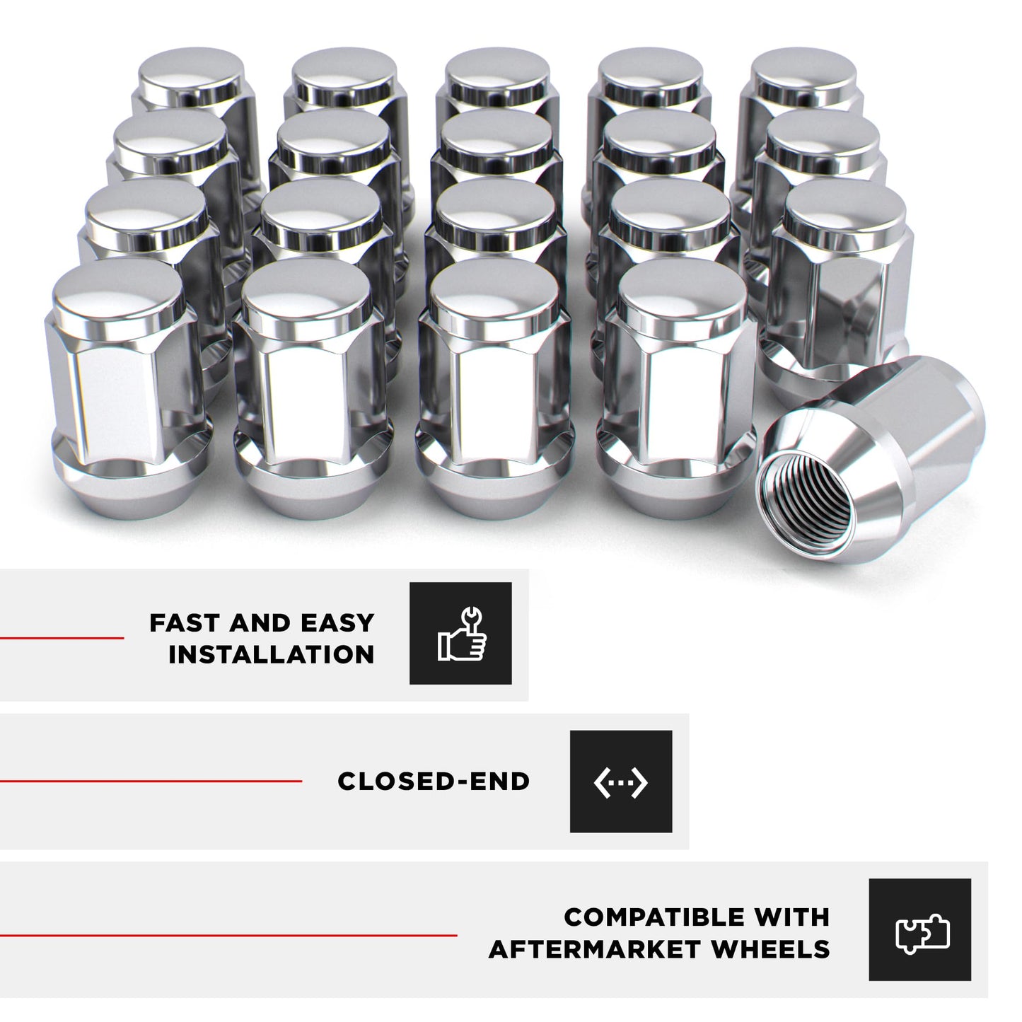 White Knight M12x1.50 Solid Piece Bulge Acorn Lug Nuts (NO Cap) for Select Aftermarket & Factory Wheels, EZ to Install, Durable Carbon Steel, Stylish Triple Layer Chrome Finish - 1907S-20AM (20 Pack)