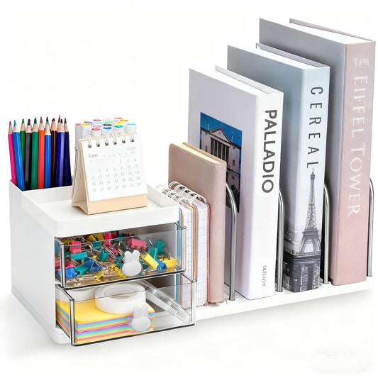 Desk Organiser with File Holder & Drawers, Versatile Desk Tidy Stationery Storage Pen Holder, Large Capacity Desktop Organizer for School Office Home (White)