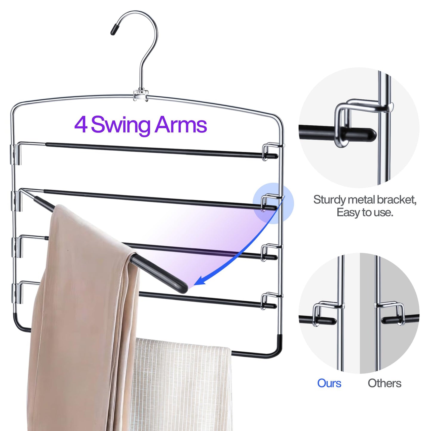 3 Pack Pants Hangers Space Saving Non Slip Multiple Pants Hanger for Women with Swing Arm Closet Storage Organizer for Pants Jeans Trouser Leggings Scarf Tie