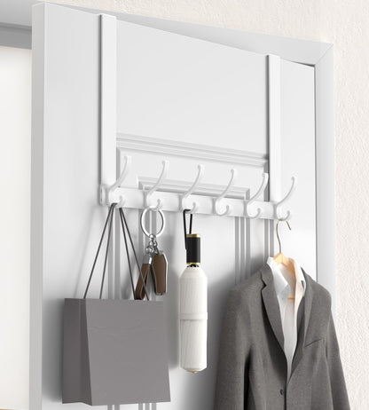 KitchLife Long Over Door Hooks with 15.75" Extended Arms, Fits Standard 1 3/8" Thick Doors, Thickened 1 Pack Double-Hanger with 12 Hooks, Glossy White - Bathroom Bedroom Towel Rack Organization