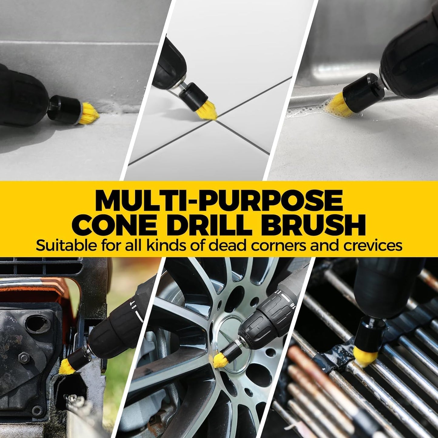 Holikme 10Pieces Drill Brush Attachments Set, Power Scrubber Brush with Extend Long Attachment，Scrub Brush，Shower Scrubber，Cleaning Supplies,Yellow