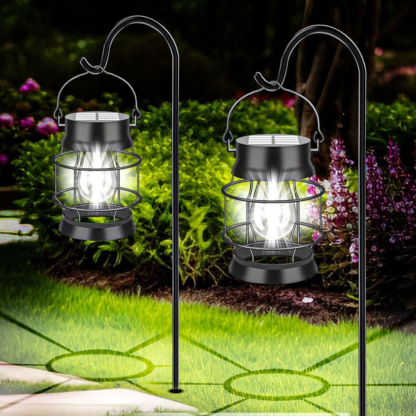 Solar Lantern Outdoor,Solar Lights Outdoor Waterproof Garden Lights,2 Pack Metal Hanging Lanterns Outdoor White LED Lighting for Yard Patio Pathway Garden Decorations