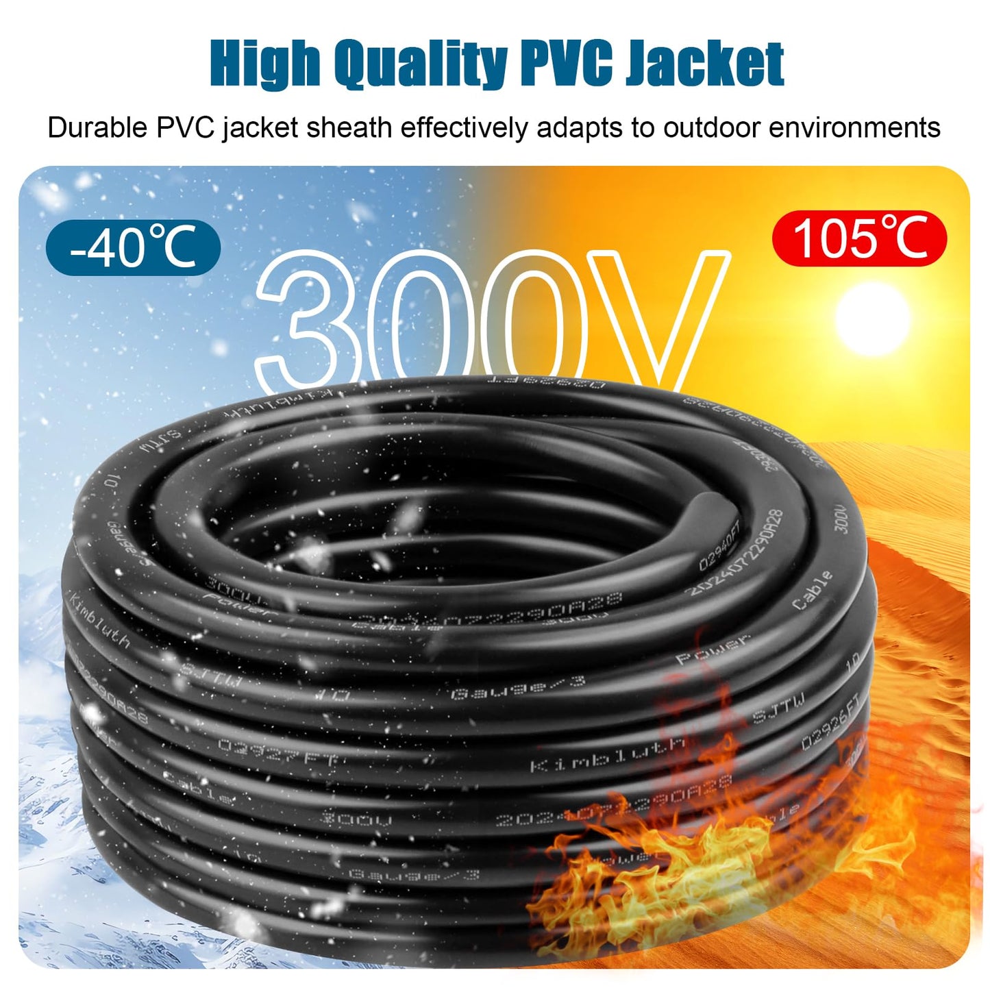 Kimbluth 14 Gauge 3 Conductor Wire SJTW Outdoor Extension Power Cable 10FT, 14/3 Wire Heavy Duty Pure Copper Electrical Wire for Lawn, Battery, Automotive, Outdoors