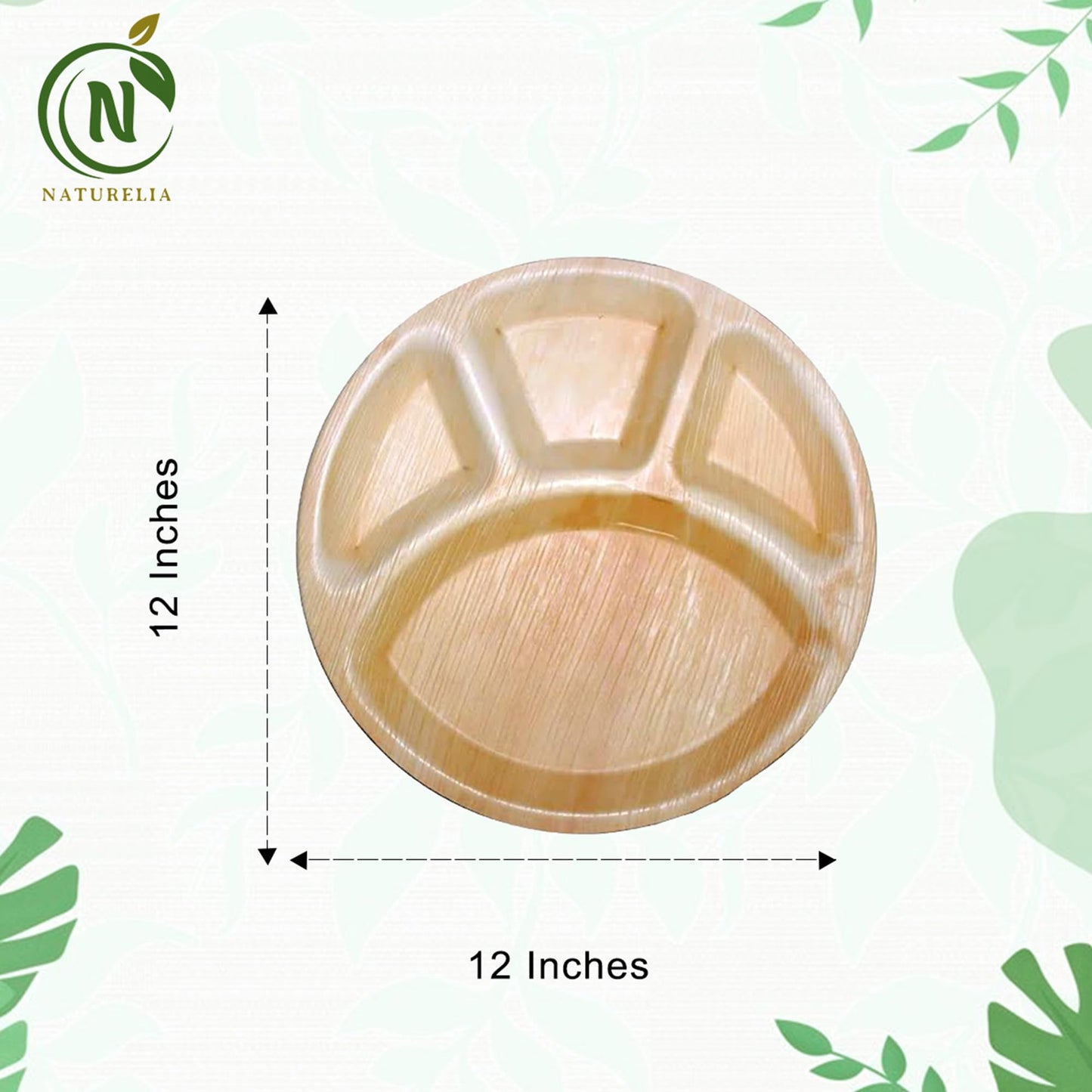 Naturelia 100% Compostable 12-Inch Palm Leaf Disposable 4 Partition Plates- Elegant, 100% Biodegradable, Natural & Eco Friendly, Wedding, Party, Picnic & Event Partition Plates