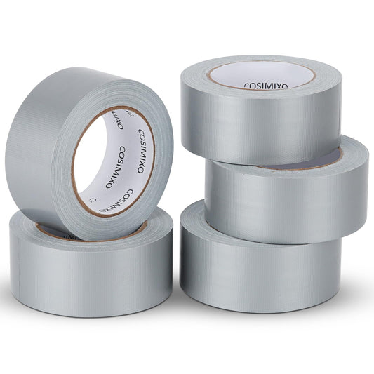 COSIMIXO 5-Pack Silver Heavy Duty Duct Tape,210mic X 2 Inches X 30 Yards, Strong, Flexible, No Residue, All-Weather and Tear by Hand - Bulk Value for Repairs, Industrial.Grey Duct Tape.