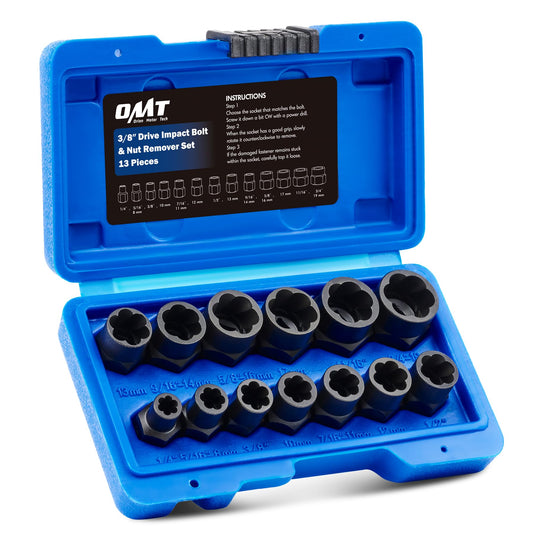 Orion Motor Tech Impact Nut and Stripped Bolt Extraction Tool Kit, Nut Extractor Socket Set and Bolt Remover Tool Set, Extractor Socket Set in 13 SAE and Metric Sizes for 3/8 Inch Drive