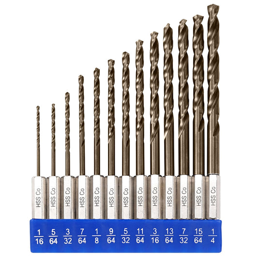 Sinyeenglon Cobalt Drill Bit Set for Hardened Metal and Stainless Steel, 13Pcs 1/16" -1/4" M35 HSS Hex Shank Impact Drill Bits, with Index Holder
