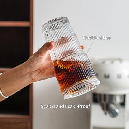 20 oz Ribbed Glass Tumblers with Lids and Glass Straws – 2-Piece Glassware Set, Heavy-Duty Tumblers, Ideal for Iced Coffee, Smoothies, Cocktails, and Juices – Elegant and Durable Drinkware