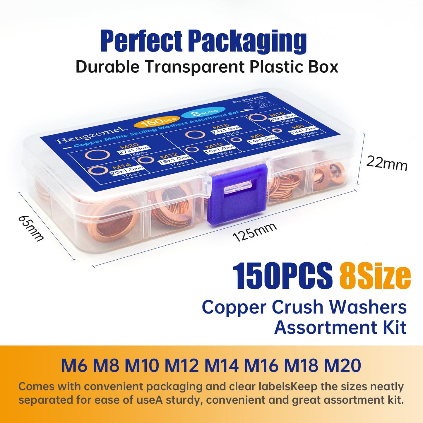 Hengzemei 150pcs Copper Washers Kit Oil Drain Plug Crush Washer Kit Metric Sealing Flat Washers Assortment Set 8 Sizes M6 M8 M10 M12 M14 M16 M18 M20