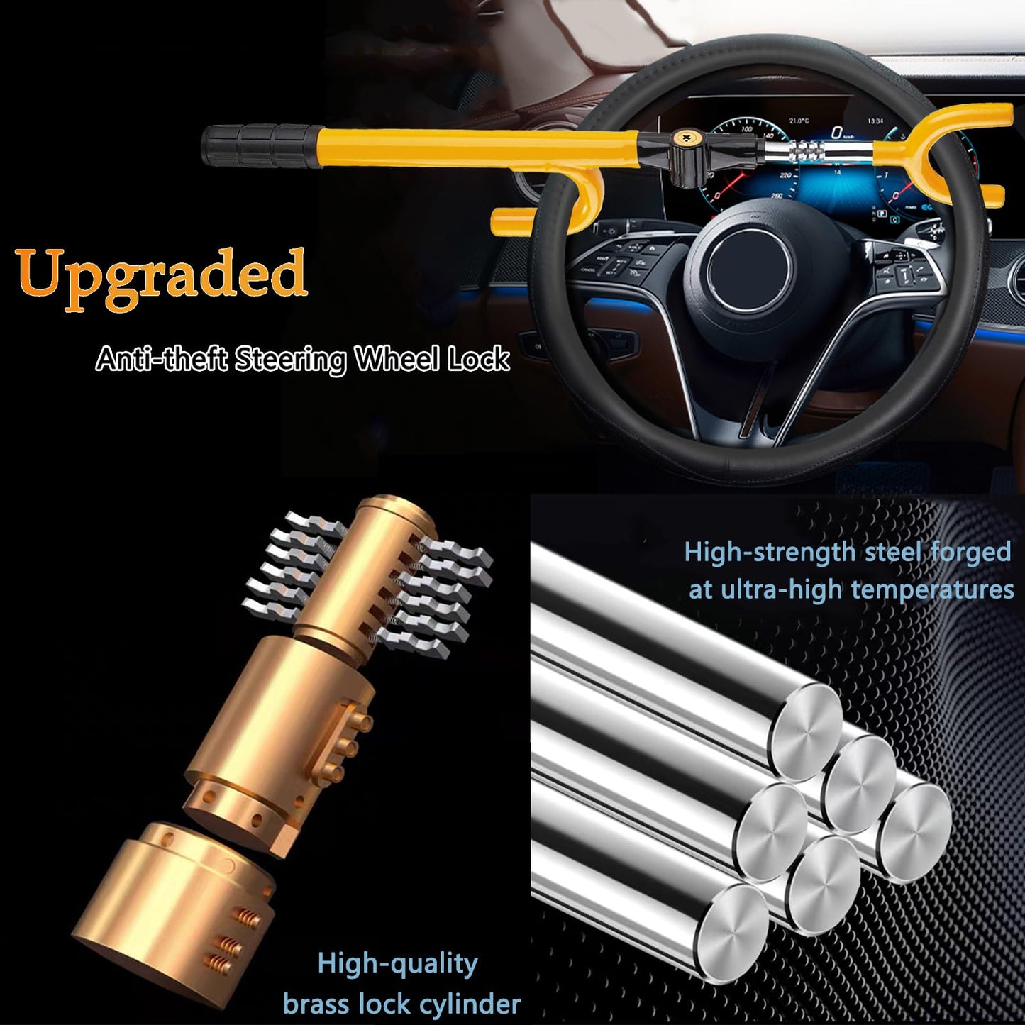 THASOK Car Steering Wheel Lock Anti-Theft Device, Upgraded Thicker Metal Pole High-Security Car Lock Universal, Adjustable The Club Steering Wheel Lock for Car/SUV/Truck/Van (Yellow)