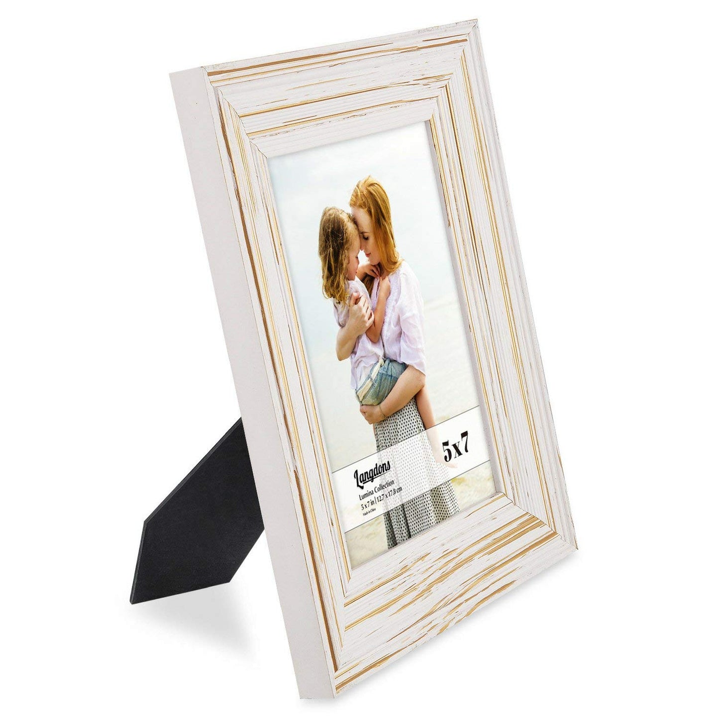 Langdon House 5x7 (13x18 cm) Real Wood Picture Frames (Weathered White - Gold Accents, 2 Pack), French Country Style Wooden Photo Frame 5 x 7, Lumina Collection