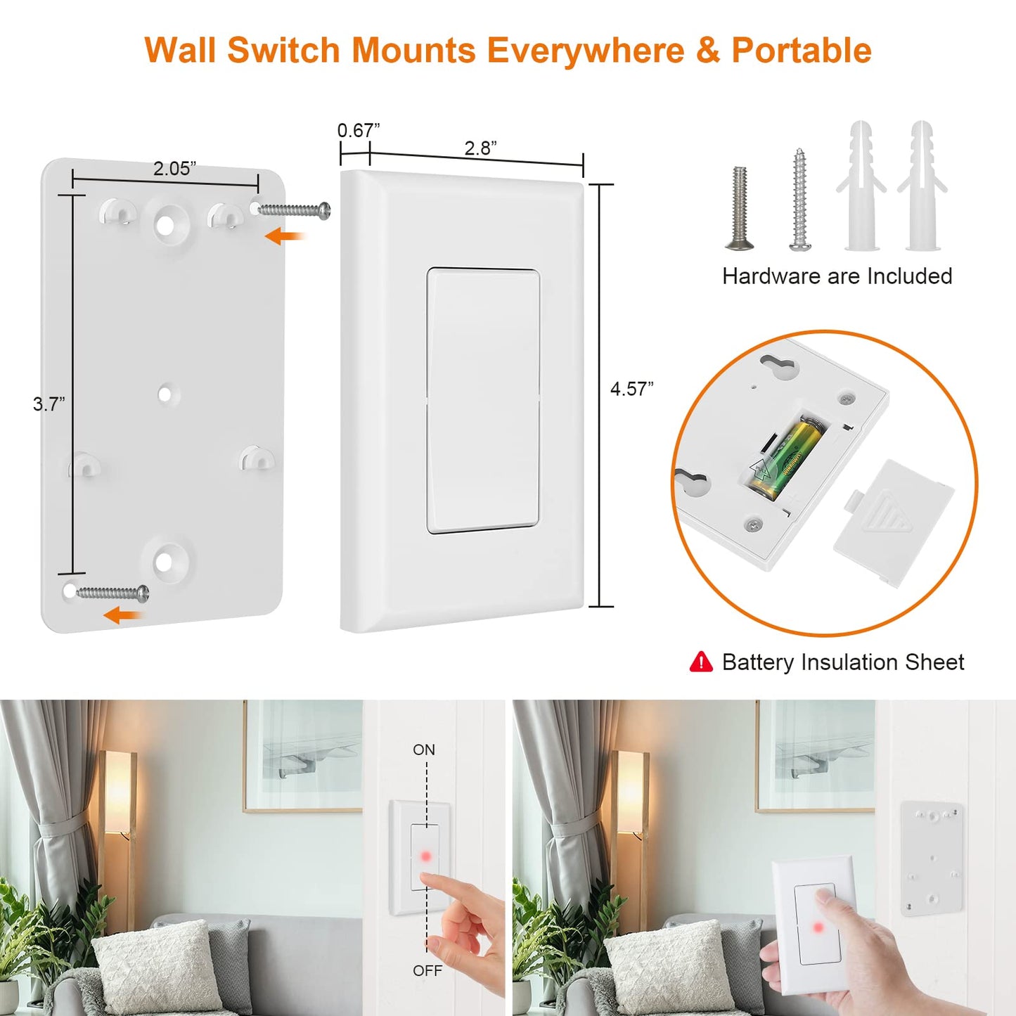 Suraielec Remote Control Light Socket, Wall Mount Switch, E26 E27 Lamp Socket, No Wiring, 100FT Range, Wireless Light Switch for Lamps, Pull Chain Light Fixture (1 Remote+2 Sockets, Shorter Version)