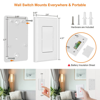 Suraielec Remote Control Light Socket, Wall Mount Switch, E26 E27 Lamp Socket, No Wiring, 100FT Range, Wireless Light Switch for Lamps, Pull Chain Light Fixture (1 Remote+2 Sockets, Shorter Version)