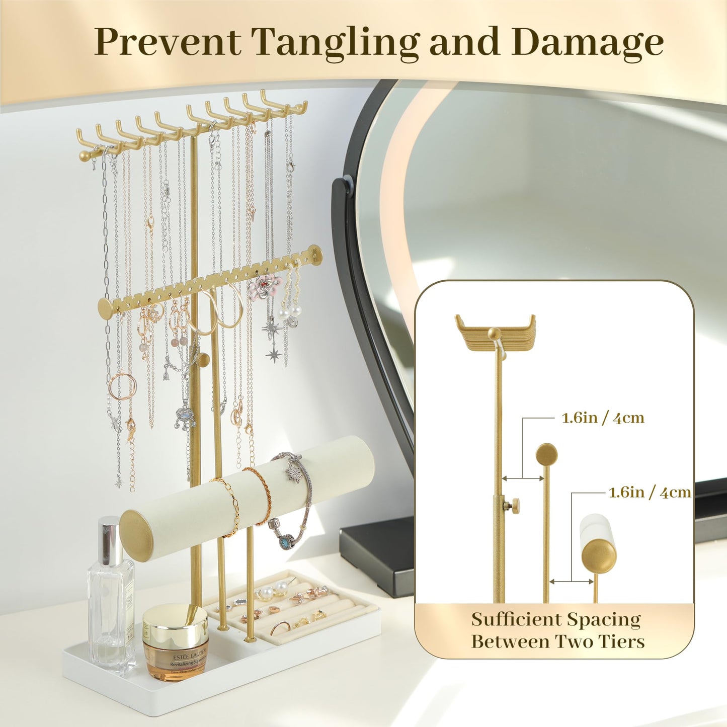 Tirzah 3-Tier Adjustable Jewelry Holder Organizer Stand with 20 Necklace Hooks, 18 Earring Holes and Notches, Bracelet Holder, 6 Ring Rolls, and Jewelry Tray for Girls, Women