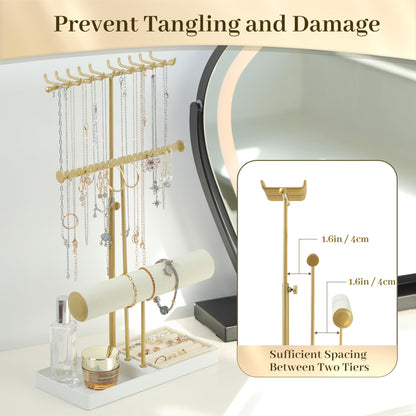 Tirzah 3-Tier Adjustable Jewelry Holder Organizer Stand with 20 Necklace Hooks, 18 Earring Holes and Notches, Bracelet Holder, 6 Ring Rolls, and Jewelry Tray for Girls, Women